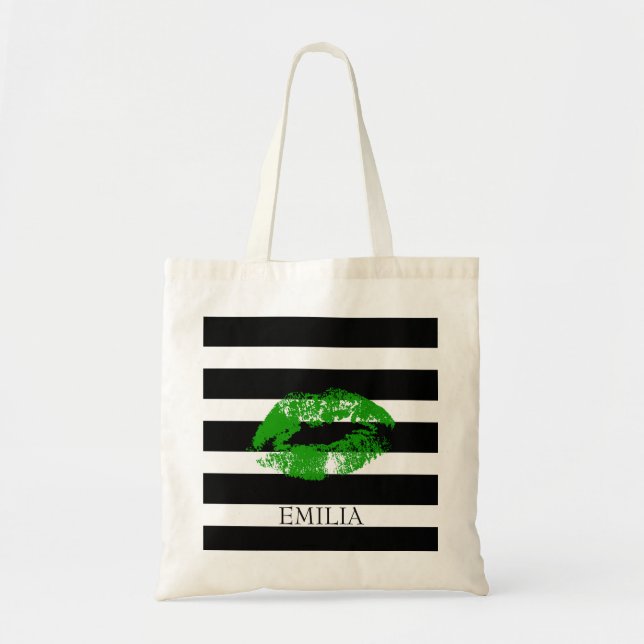 Tote Bag Impression De Lèvres Et De Bandes Vertes (Devant)