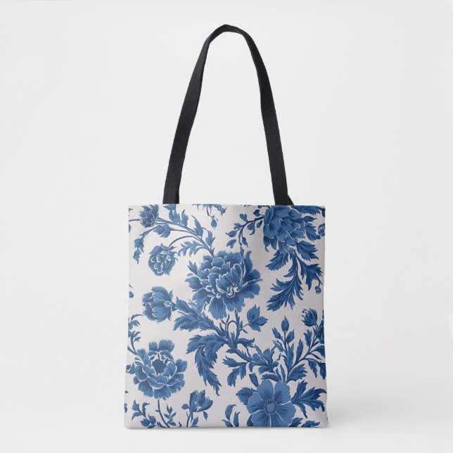Tote Bag Impression florale d'inspiration victorienne bleue (Devant)