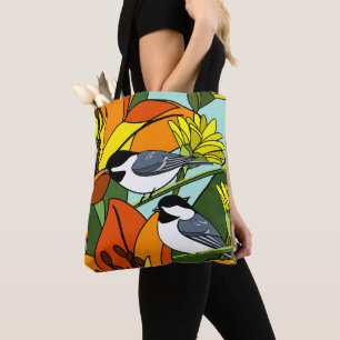 Tote Bag Impression florale orange et poulets