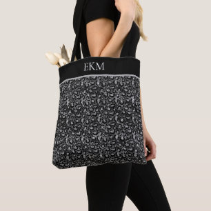 Tote Bag  Imprimé animalier léopard Monogramme Noir Argent 