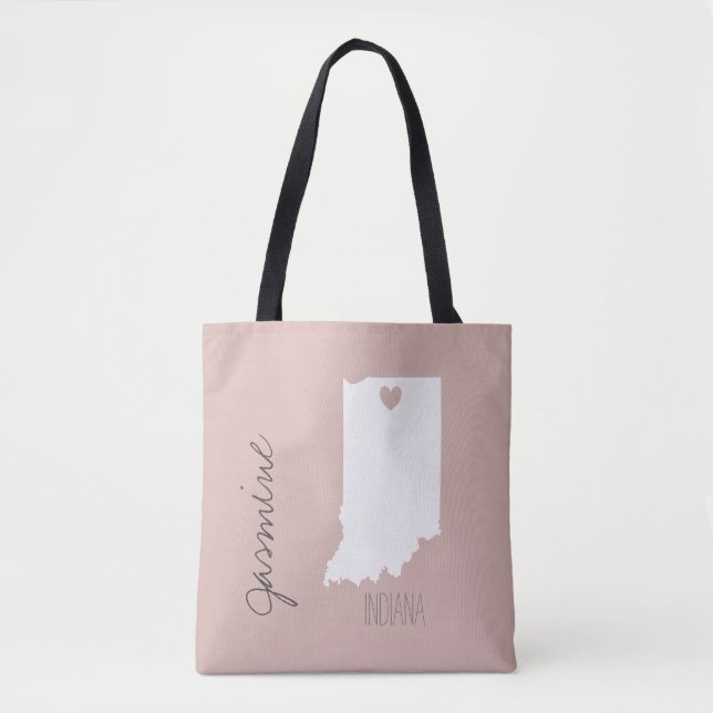 Tote Bag Indiana State map with heart personnaliser name (Devant)