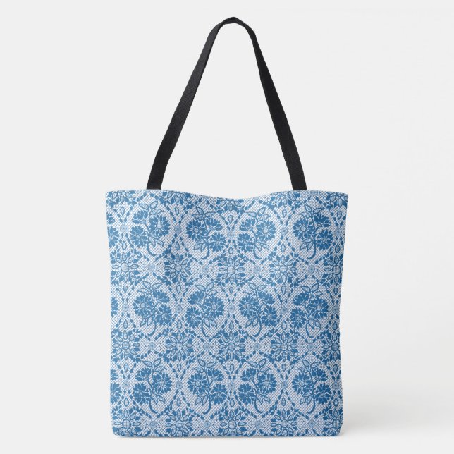 Tote Bag Indigo Blue Floral Faux Lace Motif (Dos)