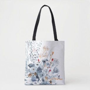 Tote Bag Indigo et ocre - fleurs d'aquarelle