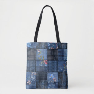 Tote Bag Indigo Floral Patchwork Motif   Boho Denim