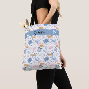 Tote Bag Infirmière aquarelle   Dr Médicale Collage bleu ro