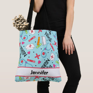 Tote Bag Infirmière Art Médicale Bleu clair Nom personnal