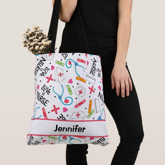 Tote Bag Infirmière Nom Médicale Étudiant blanc personnalis (De près)