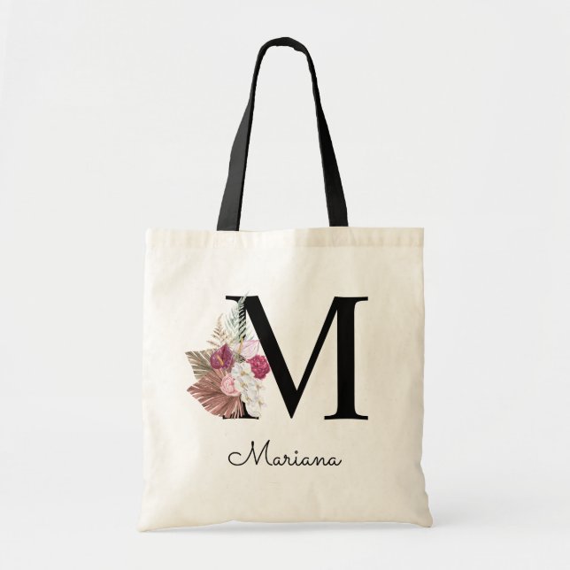 Tote Bag Initiale brodée M Floral Bohème Rose (Devant)