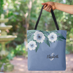 Tote Bag Initiale de nom monogramme fleuri bleu poussiéreux