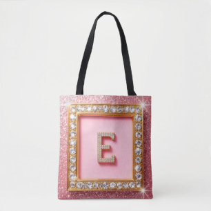Tote Bag Initiale Diamant E Cadre Doré Fond Paillettes Rose
