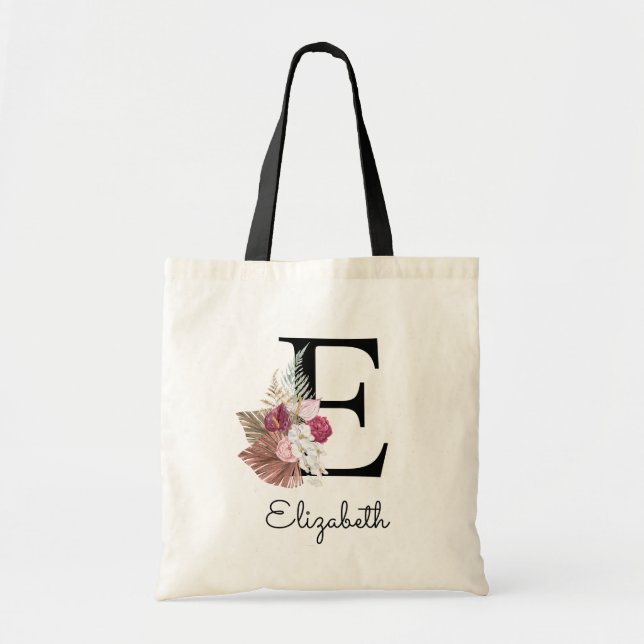 Tote Bag Initiale E Moderne Rose Boho Floral Féminin (Devant)