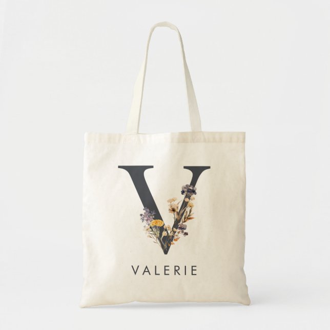 Tote Bag Initiale florale bohème V (Devant)