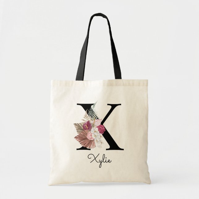 Tote Bag Initiale S Monogramme Rose Bohème Floral (Devant)