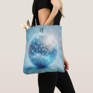Tote Bag Initiales de boule disco lumineuse bleue 