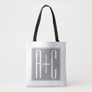 Tote Bag Initiales de couple modifiables   Blanc et gris