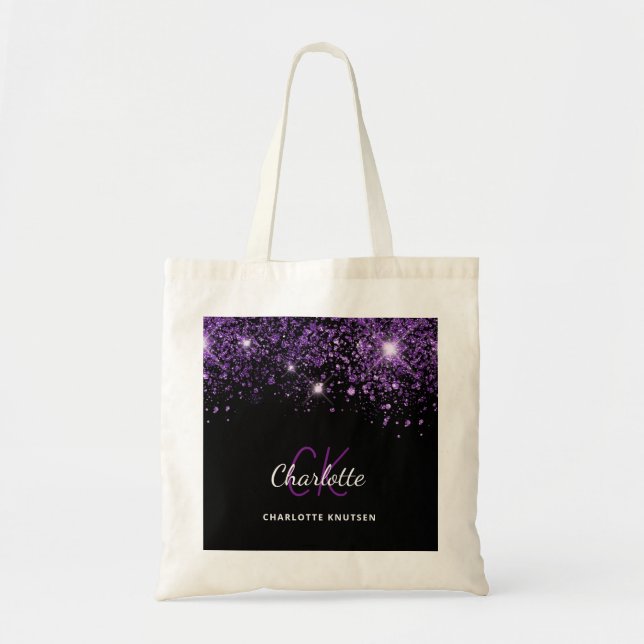 Tote Bag Initiales de monogramme à paillettes violettes noi (Devant)