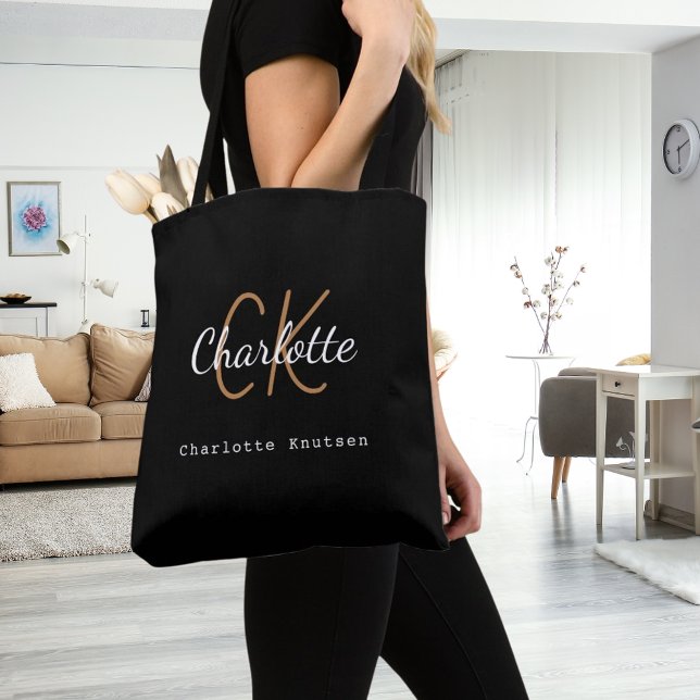 Tote Bag Initiales de nom de monogramme en or noir écriture (Créateur téléchargé)
