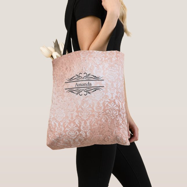 Tote Bag Initiales de nom de monogramme Rose Gold Damassé D (De près)