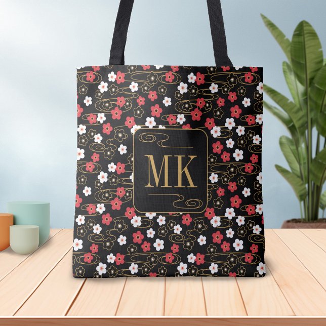 Tote Bag Initiales du monogramme noir Sakura en fleurs (Créateur téléchargé)