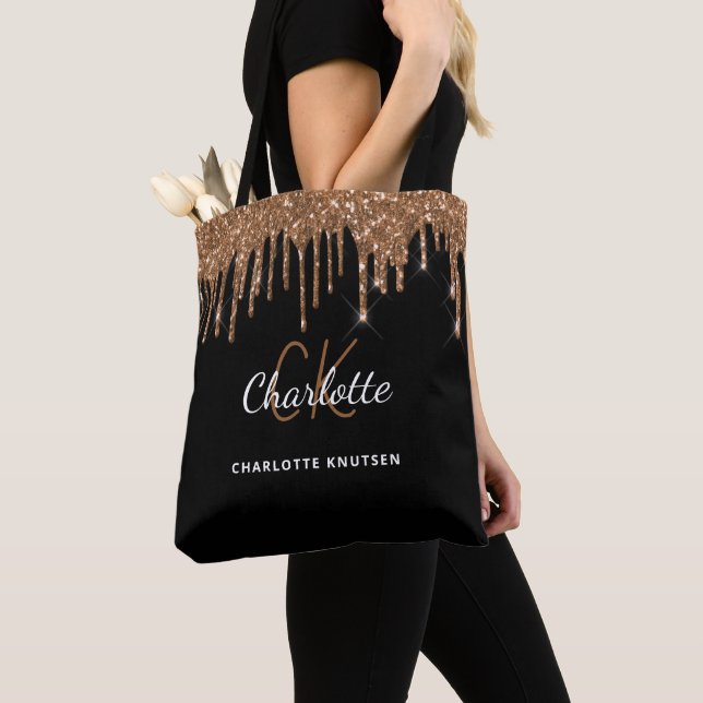 Tote Bag Initiales monogramme à gouttes de paillettes d'or  (De près)