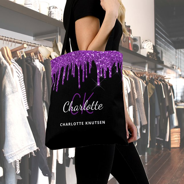 Tote Bag Initiales monogramme à gouttes de paillettes viole (Créateur téléchargé)