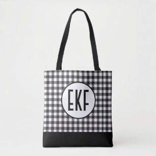 Tote Bag Initiales Monogramme Cadeau à Carreaux Noir Blanc