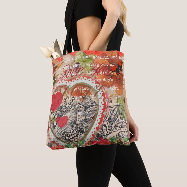 Tote Bag Inséparables Heart Red Art Collage (De près)