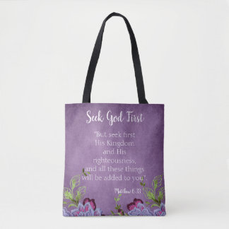 Tote Bag Inspirational Seek God First Purple Floral
