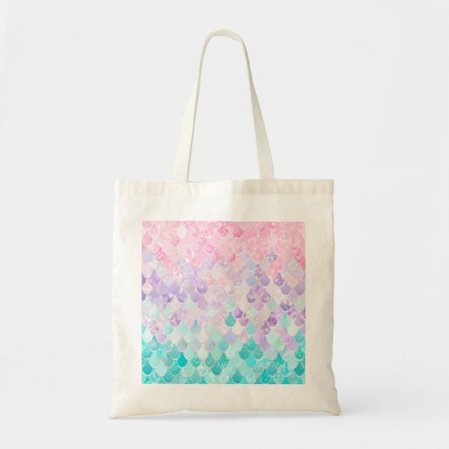 Tote Bag Iridescent en pastel de sirène mignonne, rose, (Devant)