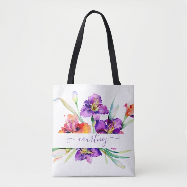 Tote Bag Iris aquarelle violette personnalisée  (Devant)
