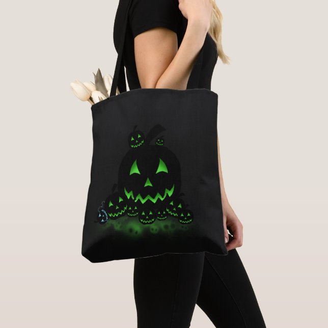 Tote Bag Jack O Lanternes d'Halloween noir et vert (De près)