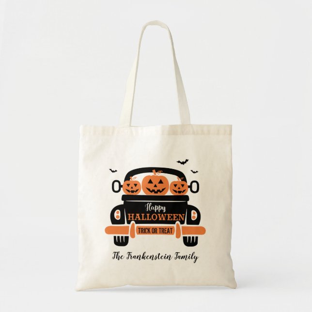 Tote Bag Jack O'Lanterns et Bats Halloween Nom de famille (Devant)