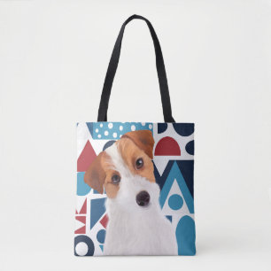 Tote Bag Jack Russell Terrier Chien bleu et rouge géométriq