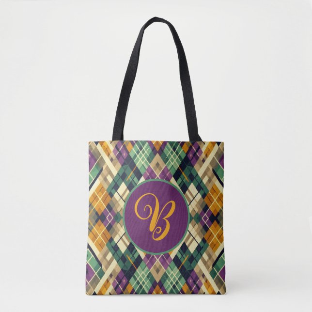 Tote Bag Jacquard Mardi Gras jaune violet vert (Devant)