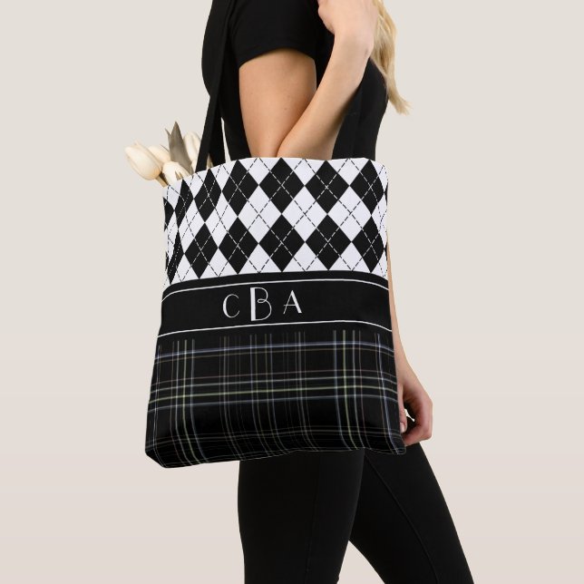 Tote Bag Jacquard noir et blanc et monogramme de Tartan (De près)
