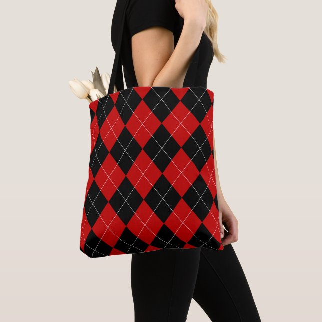 Tote Bag Jacquard preppy Tartan Diamond Plaid Rouge Noir (De près)