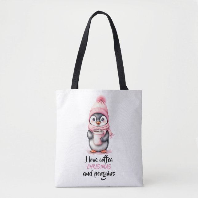 Tote Bag J'aime le café Noël et les pingouins en rose (Devant)