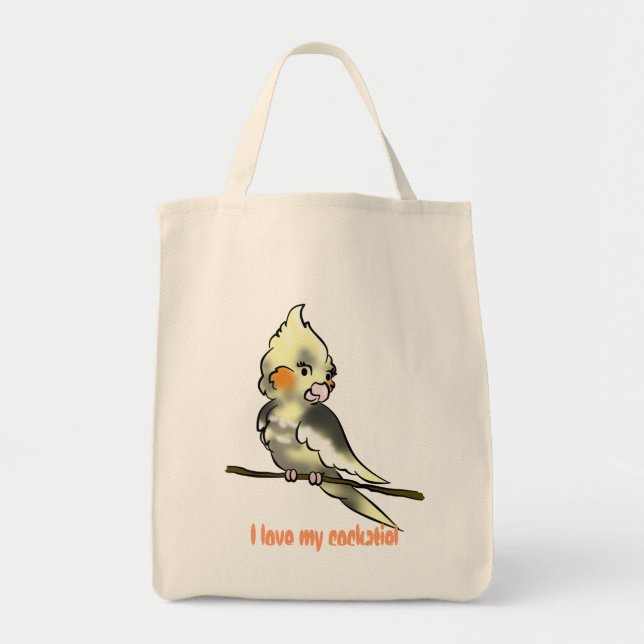 Tote Bag J'aime mon baggie d'épicerie de cockatiel (Devant)