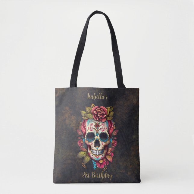 Tote Bag Jalon du crâne de sucre floral Anniversaire (Devant)