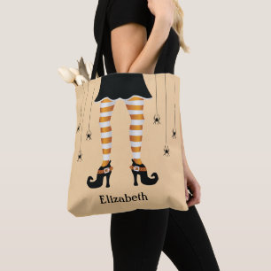 Tote Bag Jambes De Sorcière Orange Et Araignées Avec Le Nom
