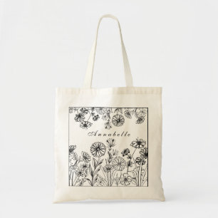 Tote Bag Jardin de fleurs blanches noir ligne graphique