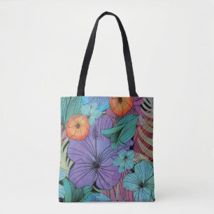 Tote Bag Jardin des hibiscus pourpre aux fleurs tropicales