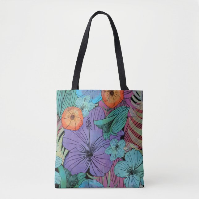 Tote Bag Jardin des hibiscus pourpre aux fleurs tropicales (Devant)