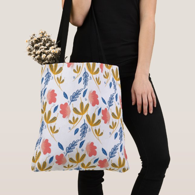 Tote Bag Jardin d'été Bleu Corail Jaune Floral (De près)