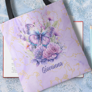 Tote Bag Jardin fleuri de papillon violet 