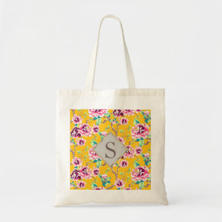 Tote Bag Jaune avec Floral rose et Monogramme Or