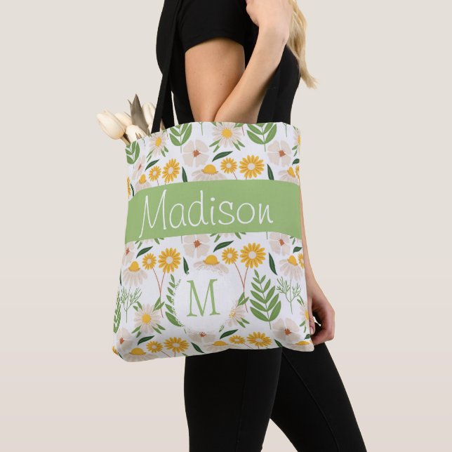 Tote Bag Jaune Vert Floral Girl Monogramme initial (De près)