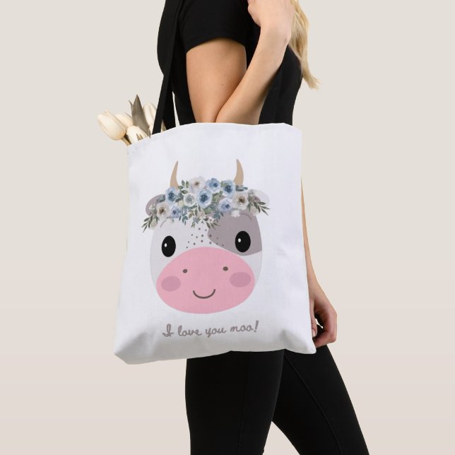 Tote Bag Je t'aime moo ! Vache mignonne avec couronne flora (De près)