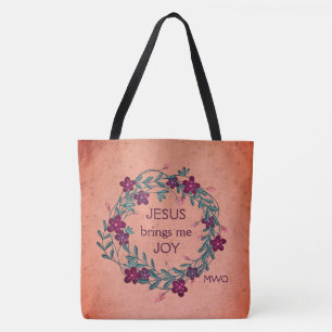 Tote Bag JÉSUS M'APPORTE JOIE Peach Floral Monogramme