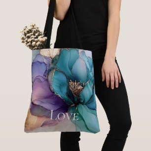 Tote Bag Joli Aqua bleu violet or Floral Love